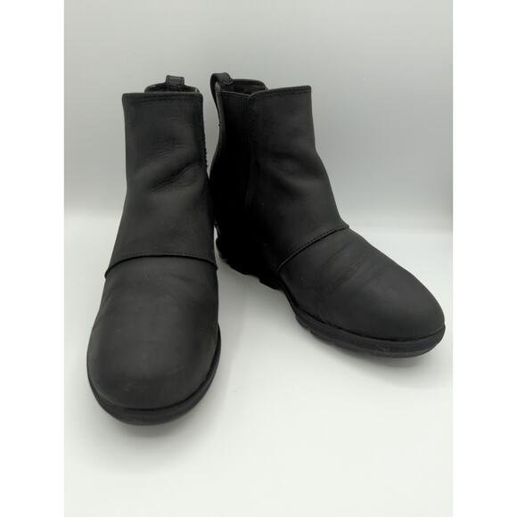 SOREL Joan of Arctic Wedge II Chelsea Boot Black Leather Waterproof Women Bootie - Picture 1 of 10